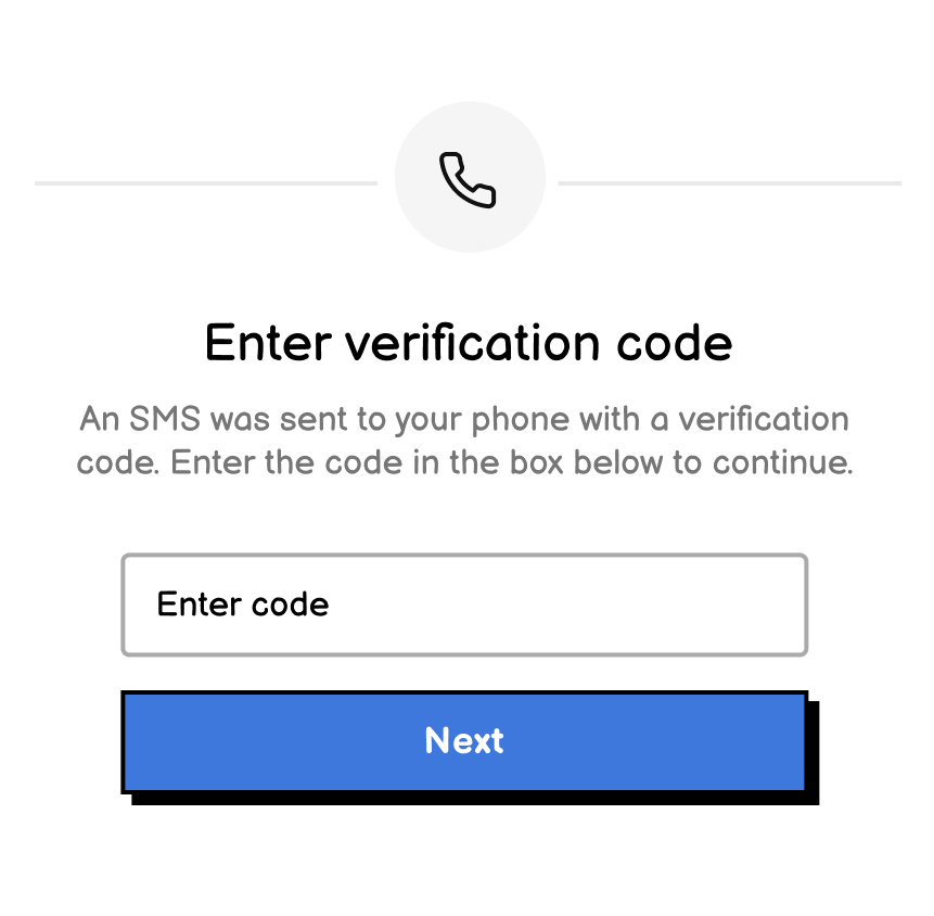 A form with a field for a verification code, a note to find the code in an SMS, and a submit button